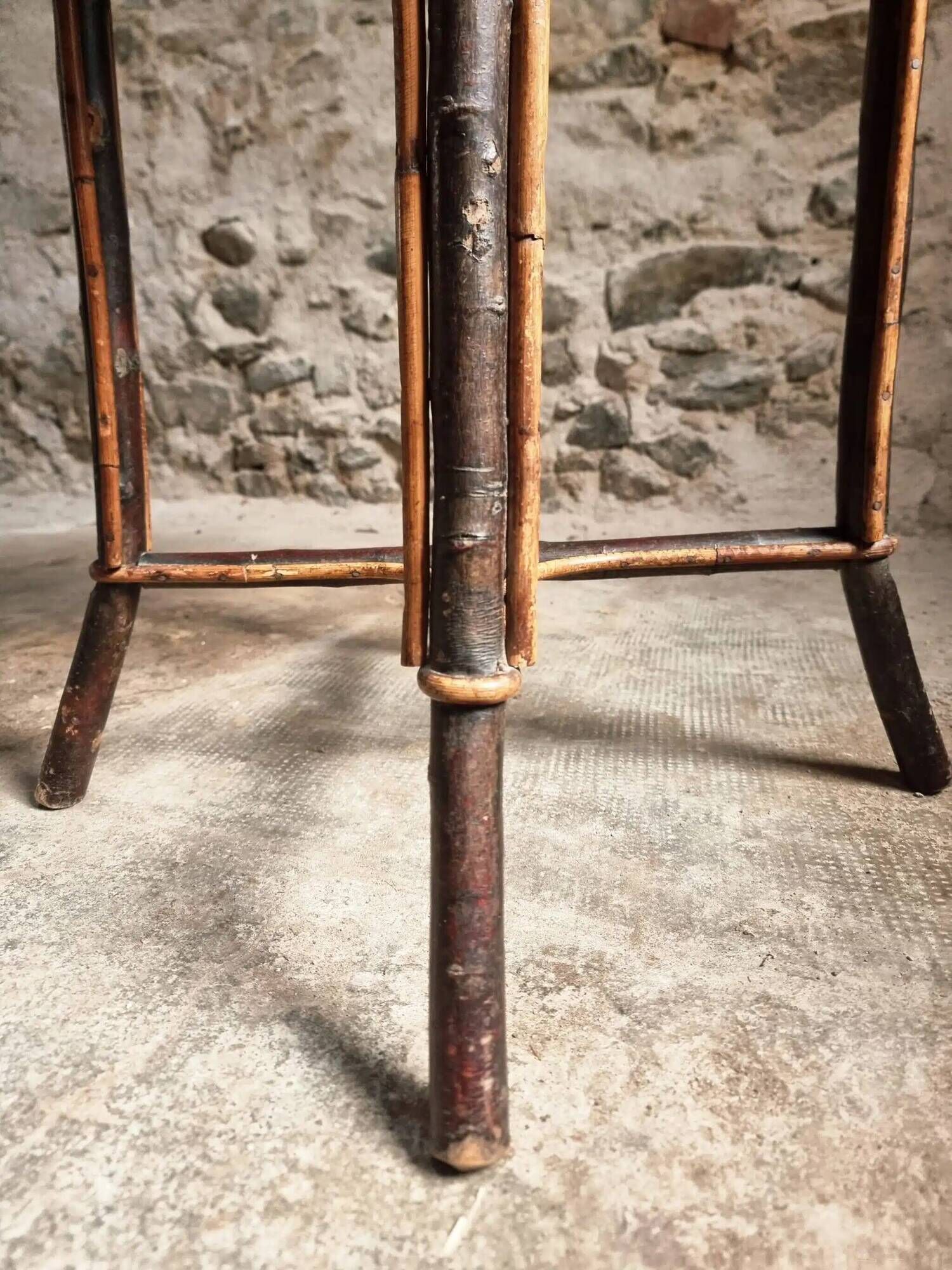 Vintage Round Bamboo and Wood Side Table | Mid-Century Bohemian Accent Table – 1950s/70s