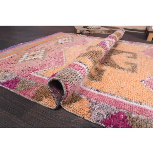 Vintage Turkish Hand-Knotted Wool Cotton Pink Runner 101x333