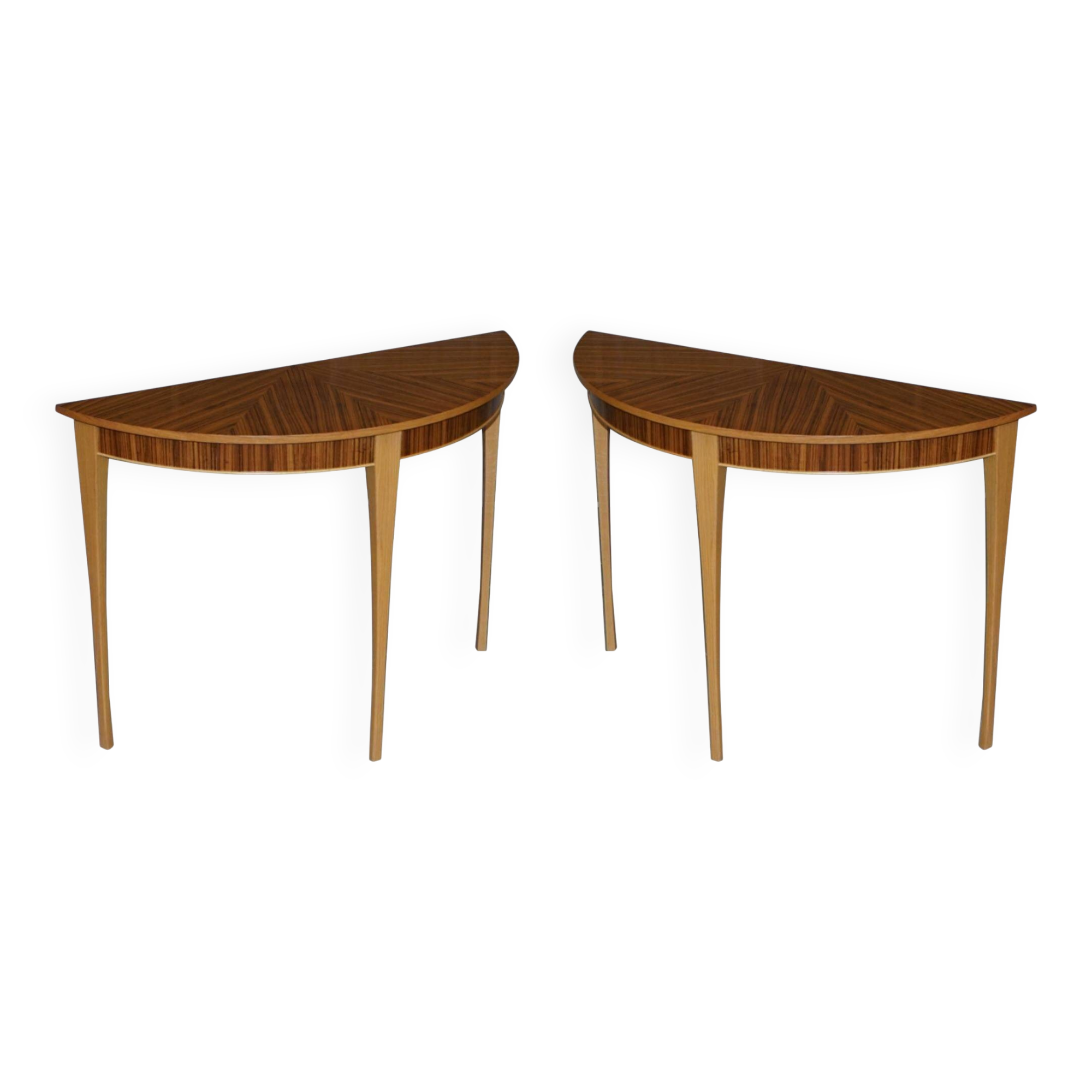 Paire de tables console demilune Bevan Funnell Phoenix en bois de zebrano
