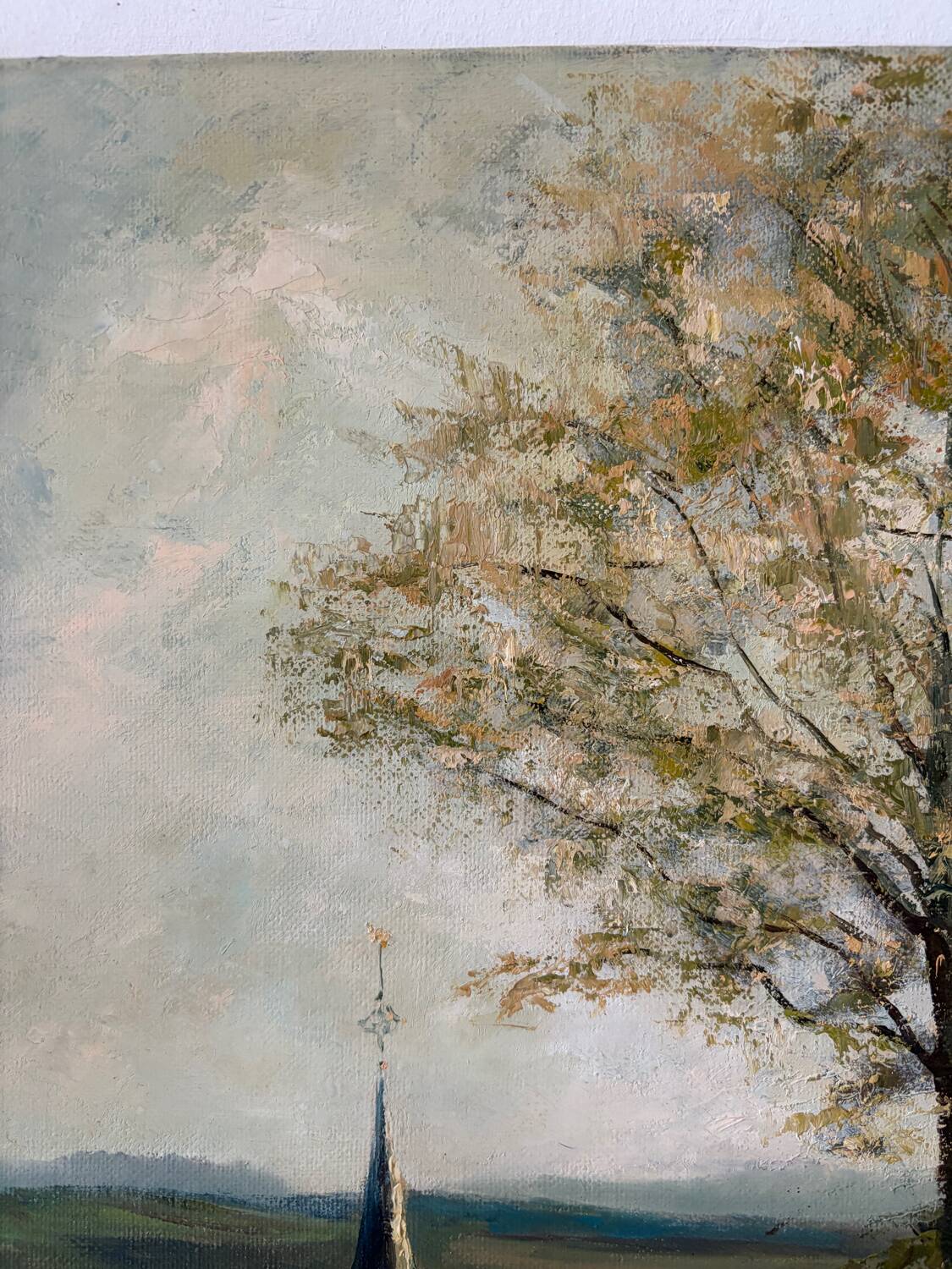 Paysage avec église, huile sur toile signé Guy Dirickx