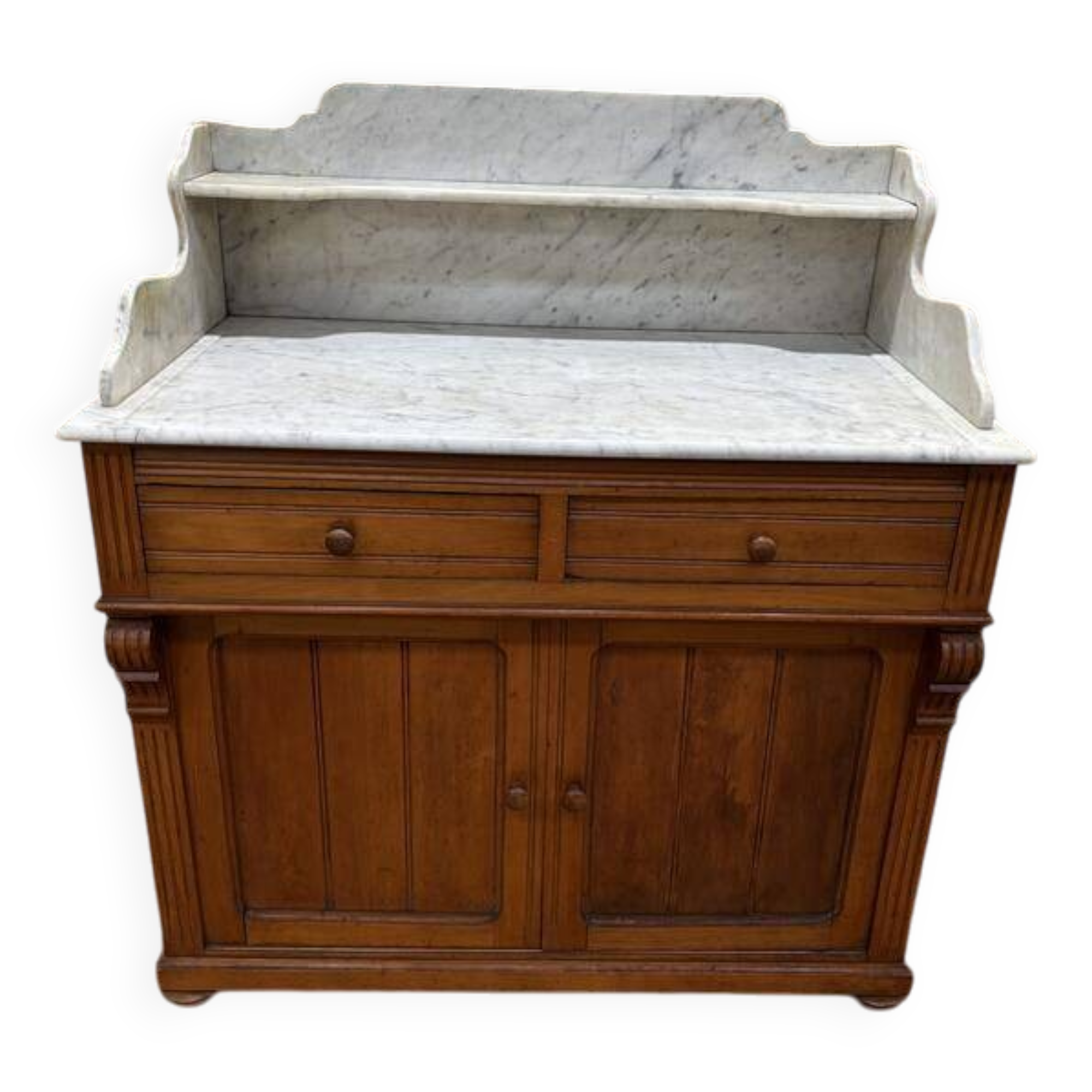 Meuble de toilette en noyer et marbre de carrare