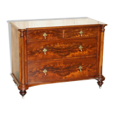 Commode Victorienne en Bois Flammé avec Roulettes en Porcelaine