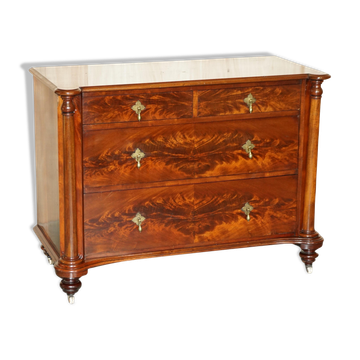 Commode Victorienne en Bois Flammé avec Roulettes en Porcelaine