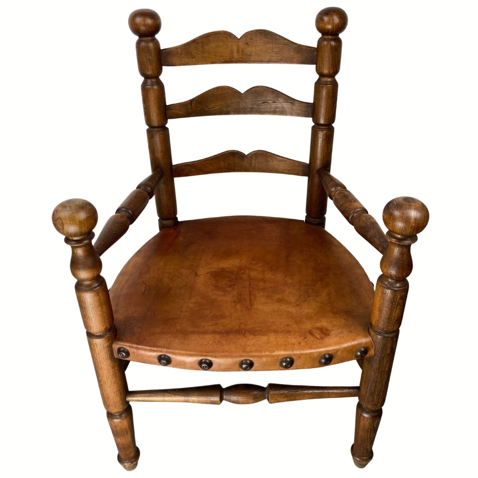 Rustic french farm chair, leather seat ca 1930s-1950s