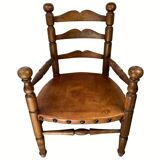 Rustic french farm chair, leather seat ca 1930s-1950s