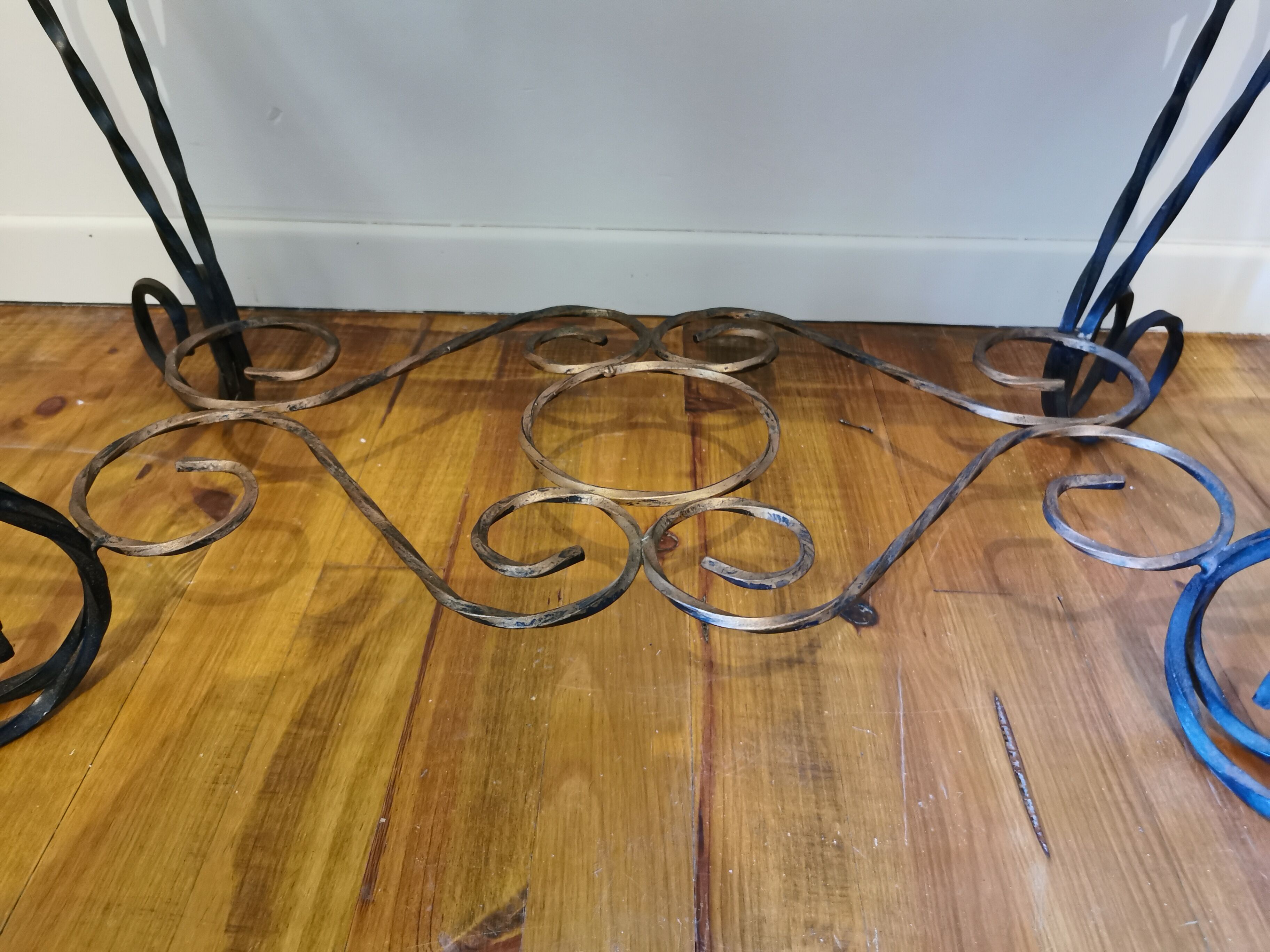 Vintage coffee table wrought iron and black and gold ceramic