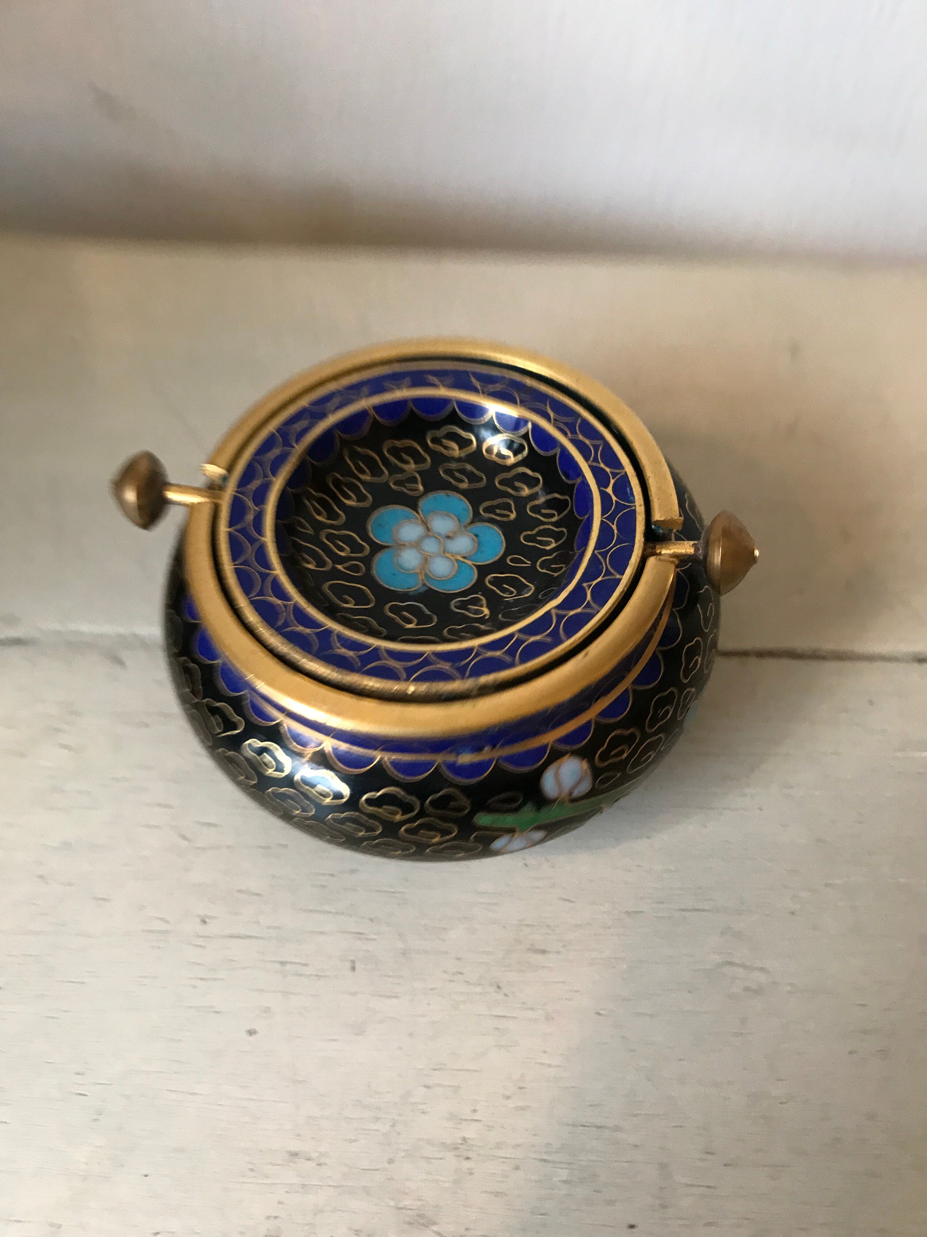 Ashtray burns incense in bronze enamelled floral decoration forget-me-not tones blue and black