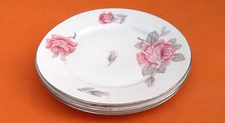 3 assiettes plates porcelaine blanche à décor de roses liseré argenté