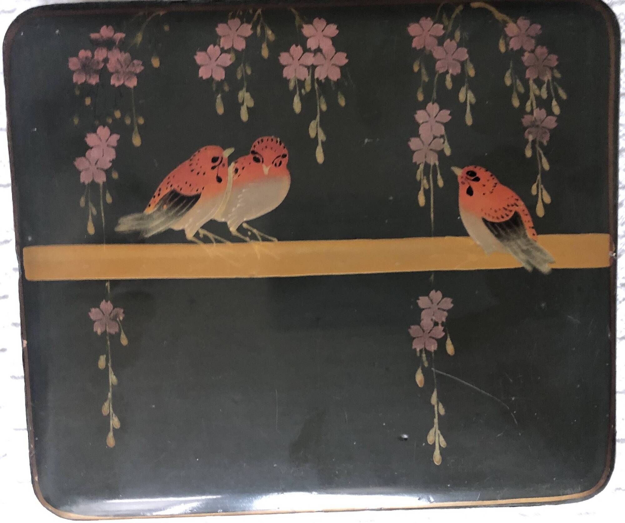 coffret/boite à bijoux en bois laqué vert à décor d'oiseaux sous la glycine
