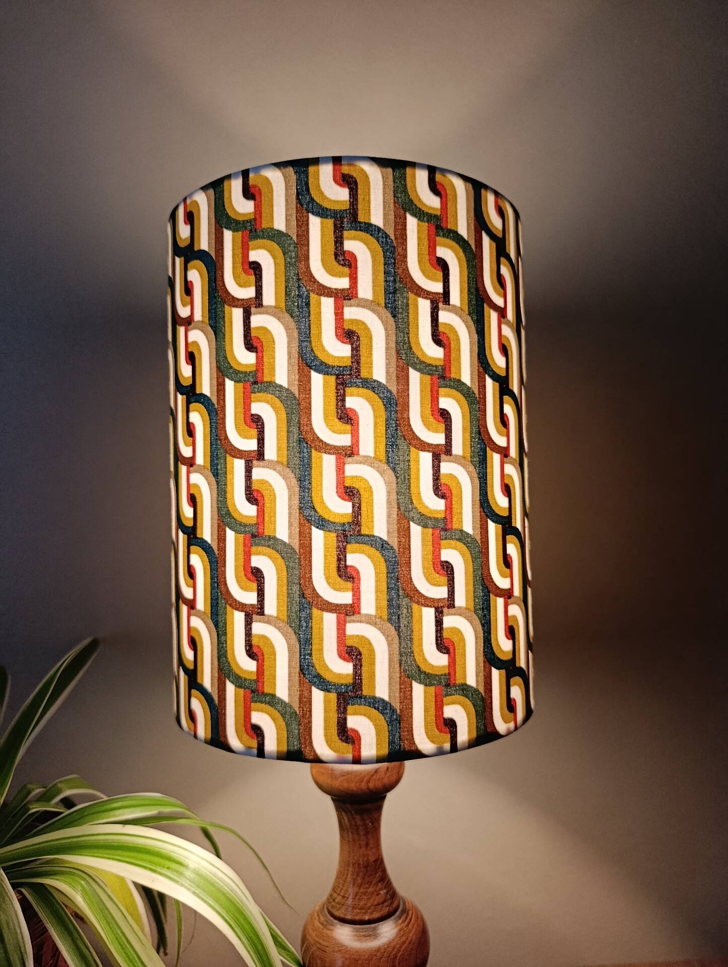 vintage turned wood lamp, seventies graphic lampshade