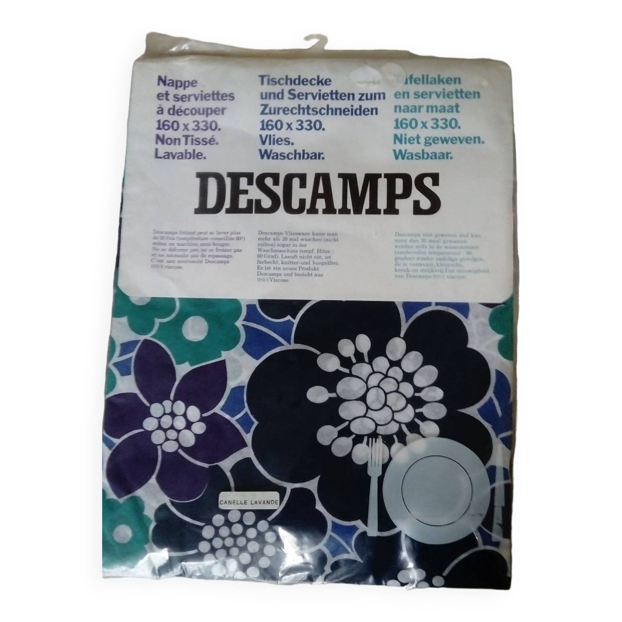 Tablecloth and napkins with blue and green flowers from the 70s Vintage brand DESCAMPS