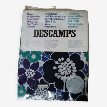 Nappe et serviettes  à fleurs bleues et vertes années 70 vintage marque descamps