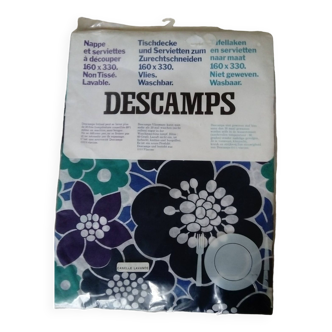 Nappe et serviettes  à fleurs bleues et vertes années 70 vintage marque descamps