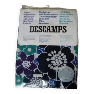 Tablecloth and napkins with blue and green flowers from the 70s Vintage brand DESCAMPS