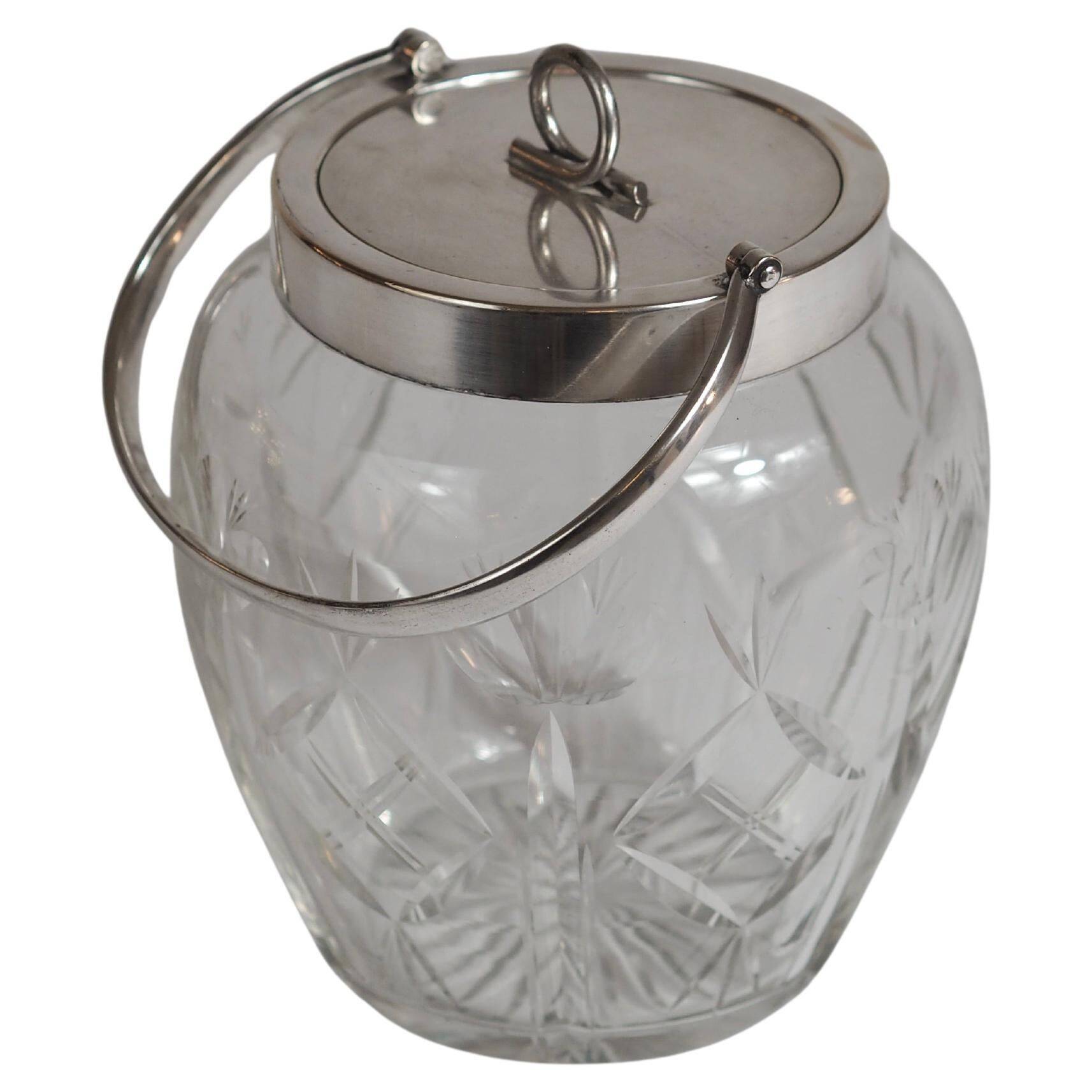 Crystal biscuit barrel with silver-plated mounts and handle, Austrian cut, 1920s.