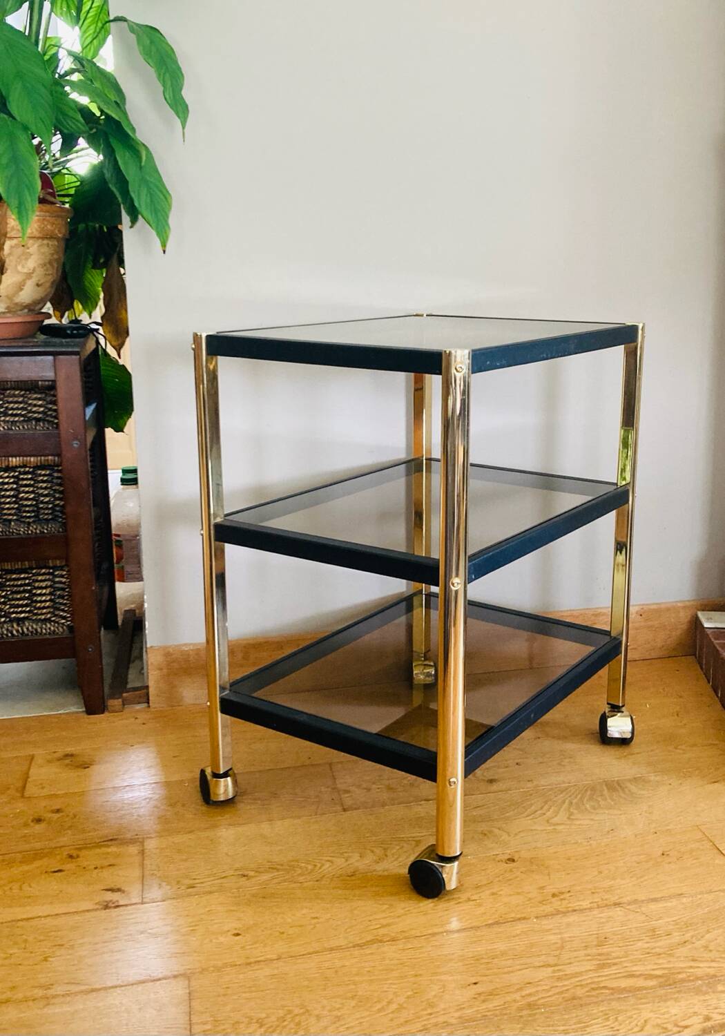 Side table in gold metal and smoked glasses 1970s