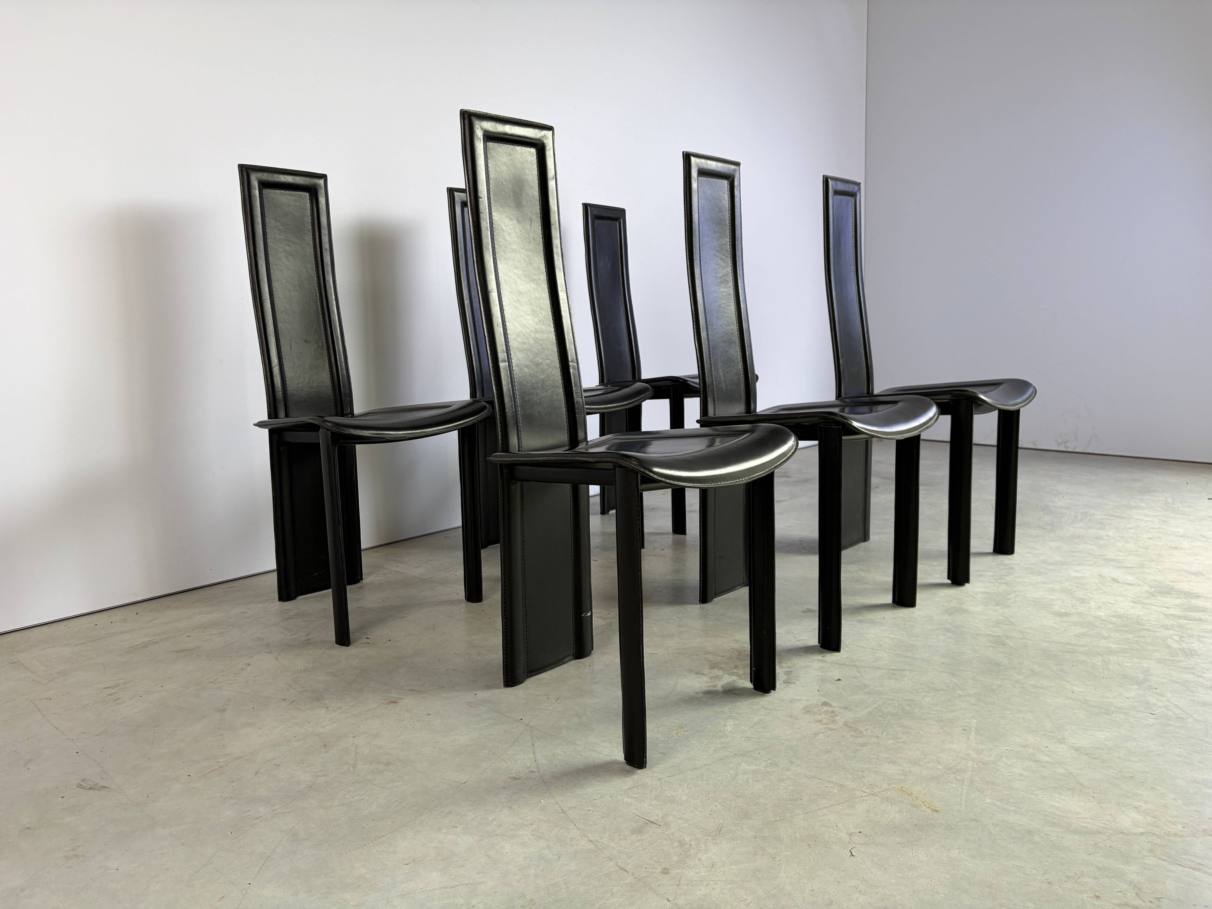 Vintage black leather dining chairs, set of 6, 1980s