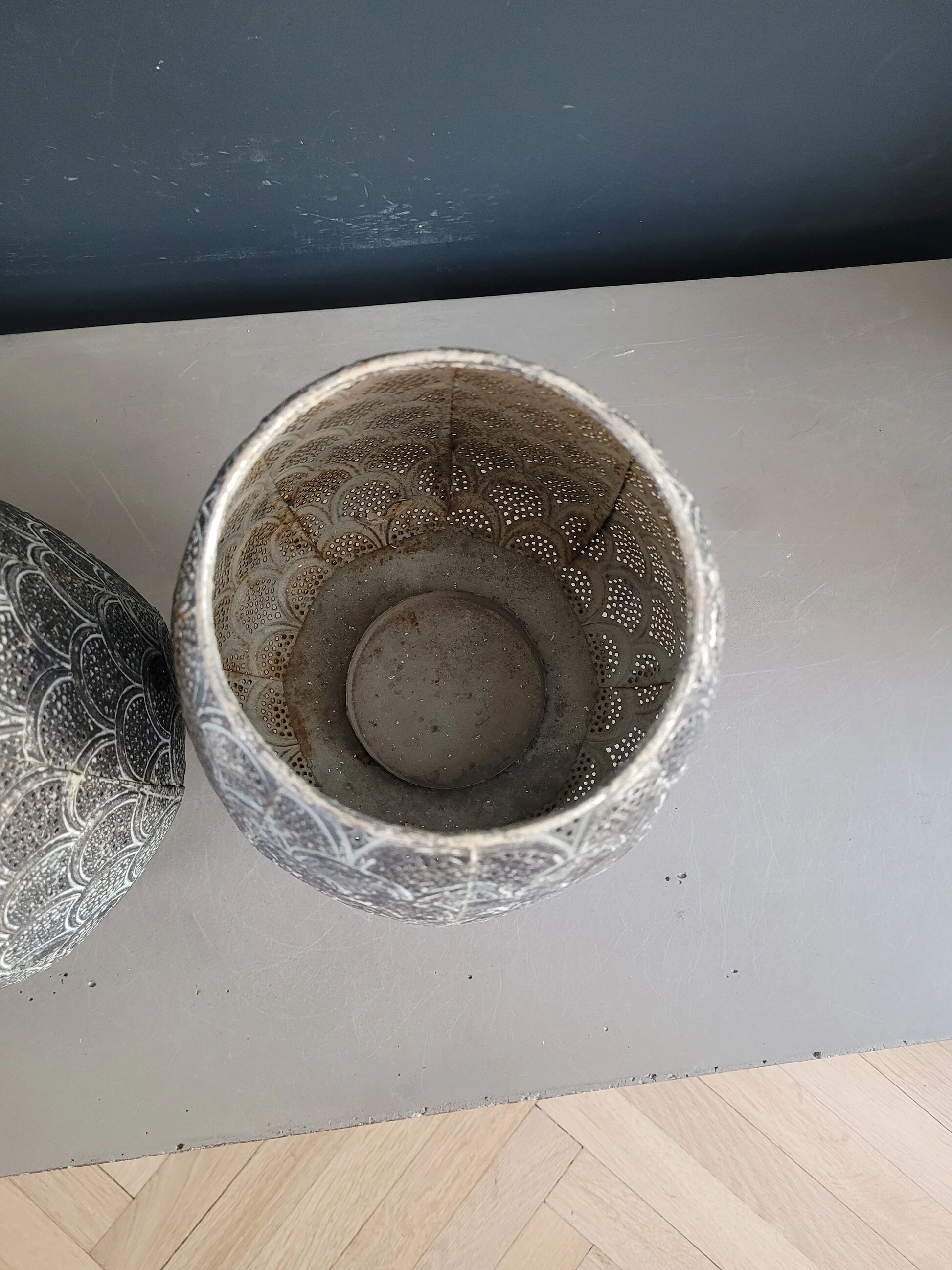 Pair of openwork metal lanterns