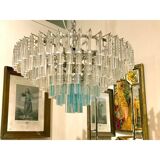 Contemporary transparent and ligh-blue triedro murano glass chandelier