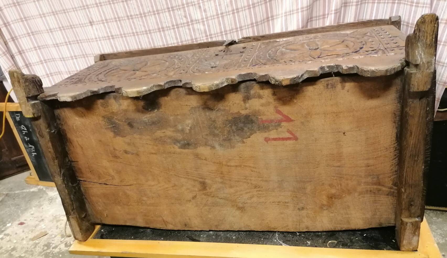 18th century high mountain chest, in solid oak and forged parts.