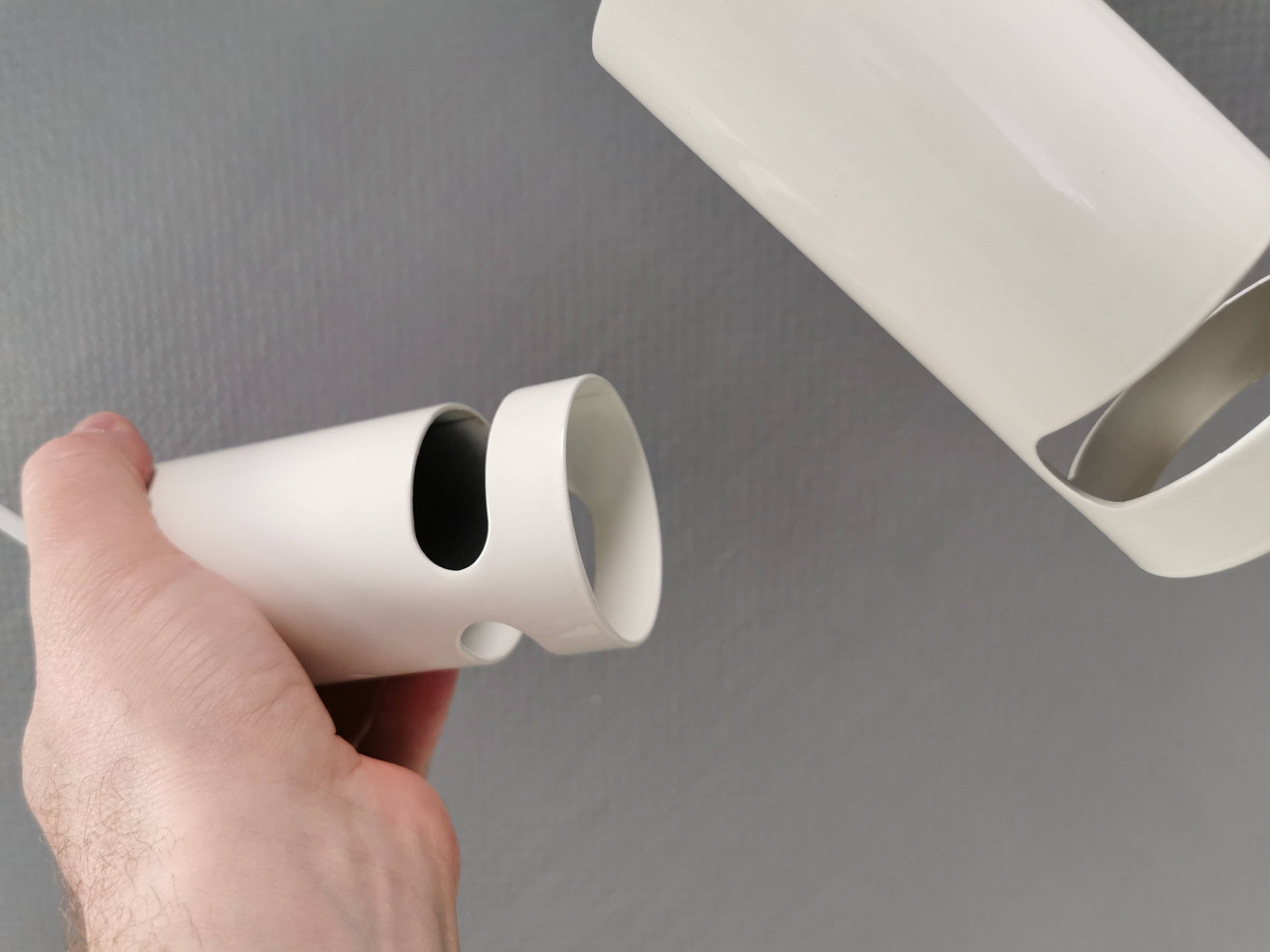 Two small cylindrical hanging lamps in white powder-coated 1980s