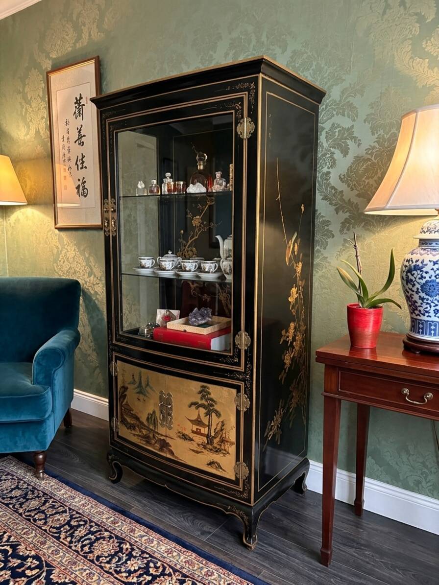 Large Asian Showcase in Black and Gold Lacquer - Display Cabinet
