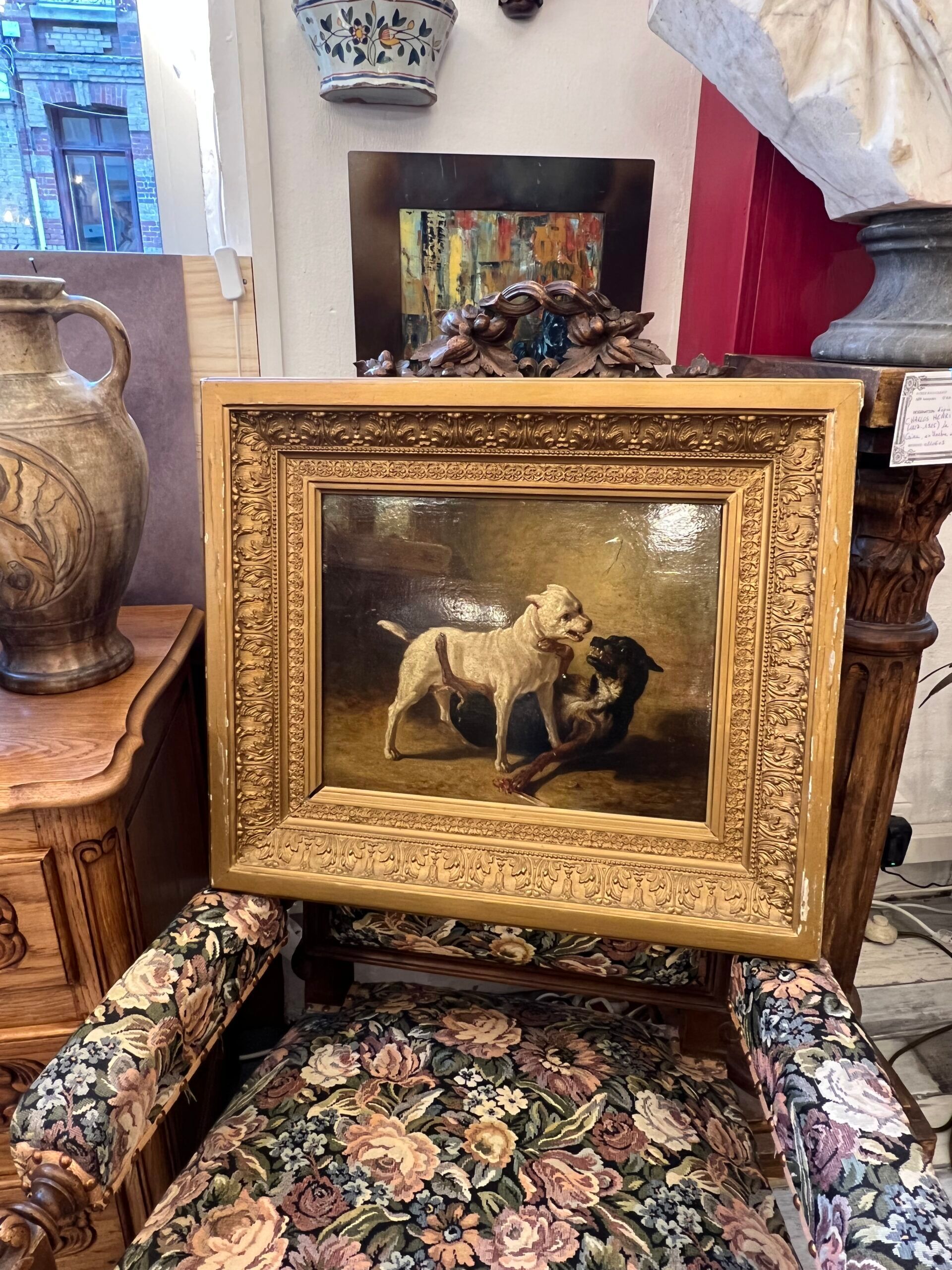 Jean Baptiste Louis Guy? Oil on panel, two bulldogs fighting
