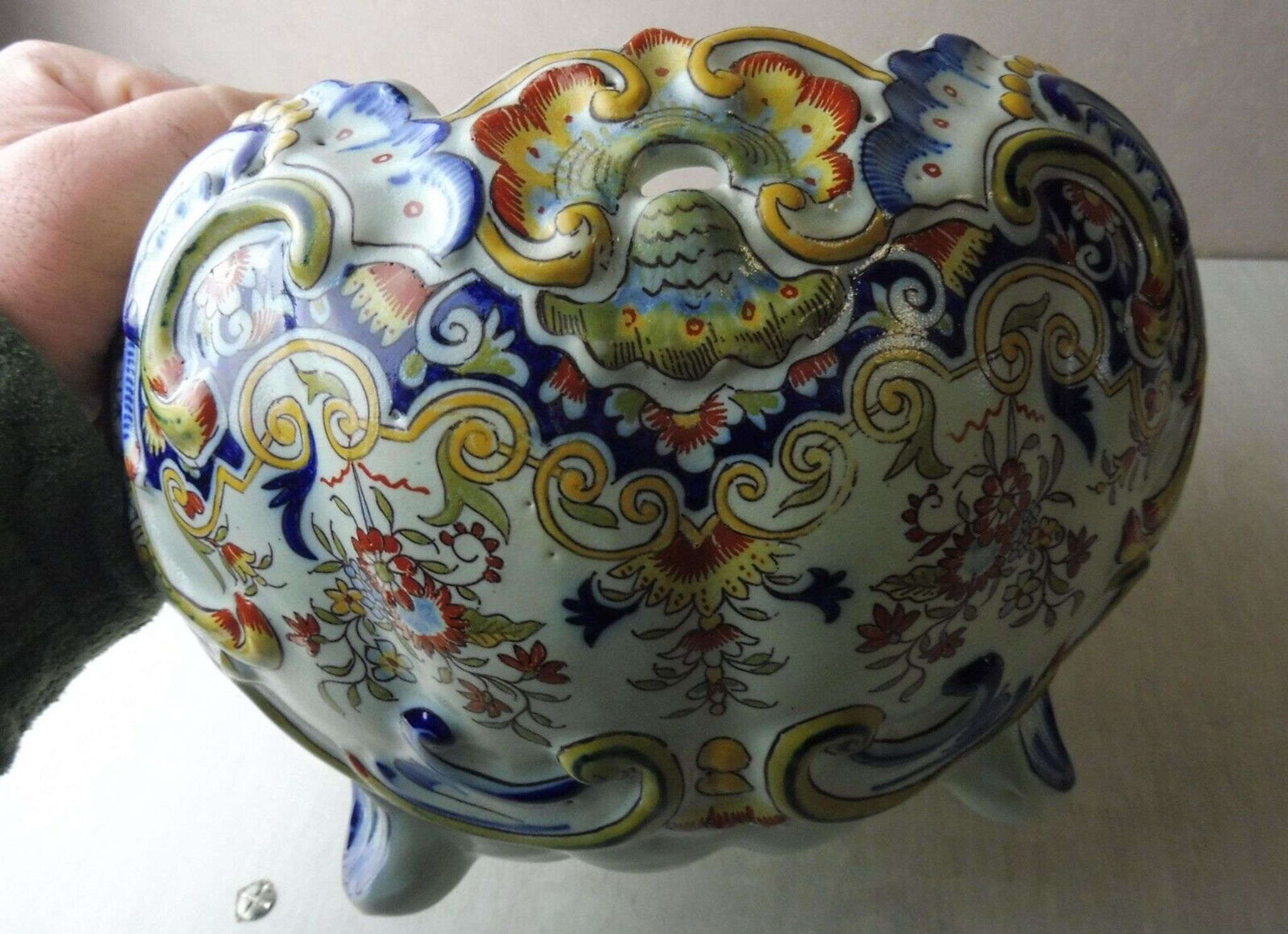 Old ceramic pot cover, decoration flowers, Rouen