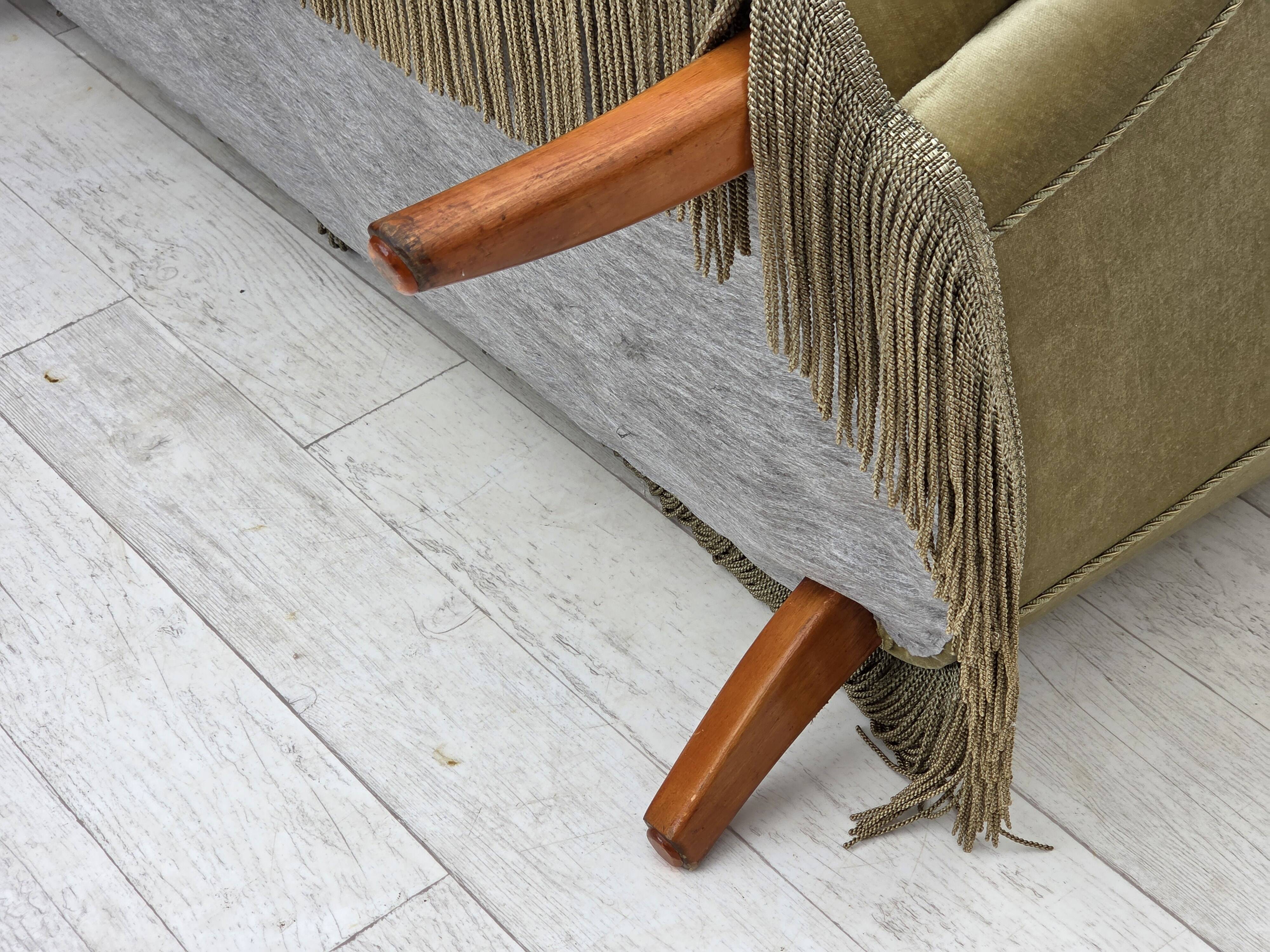 1960s, Danish 2-seater sofa, green furniture velour, beech wood legs.