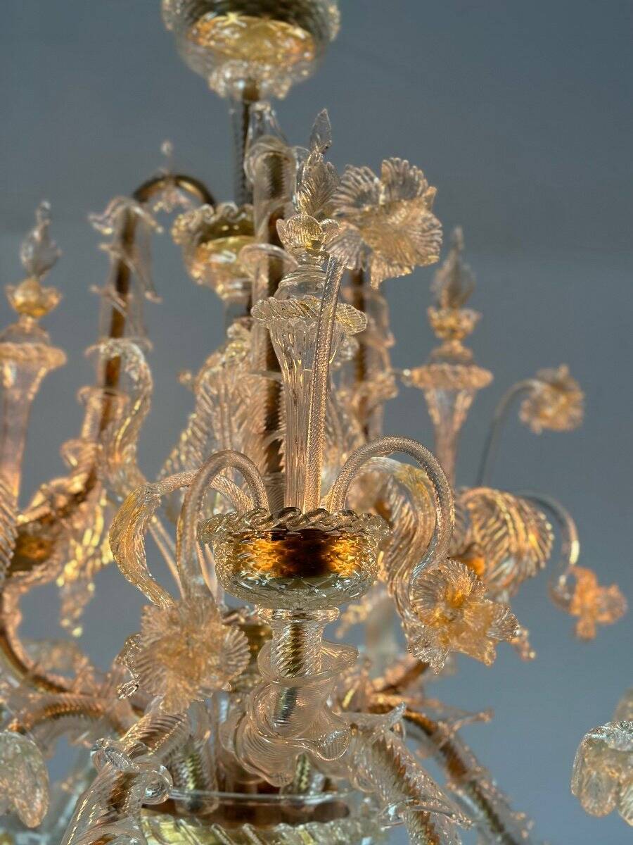 Venetian rezzonico chandelier in golden murano glass, 6 arms of light circa 1930