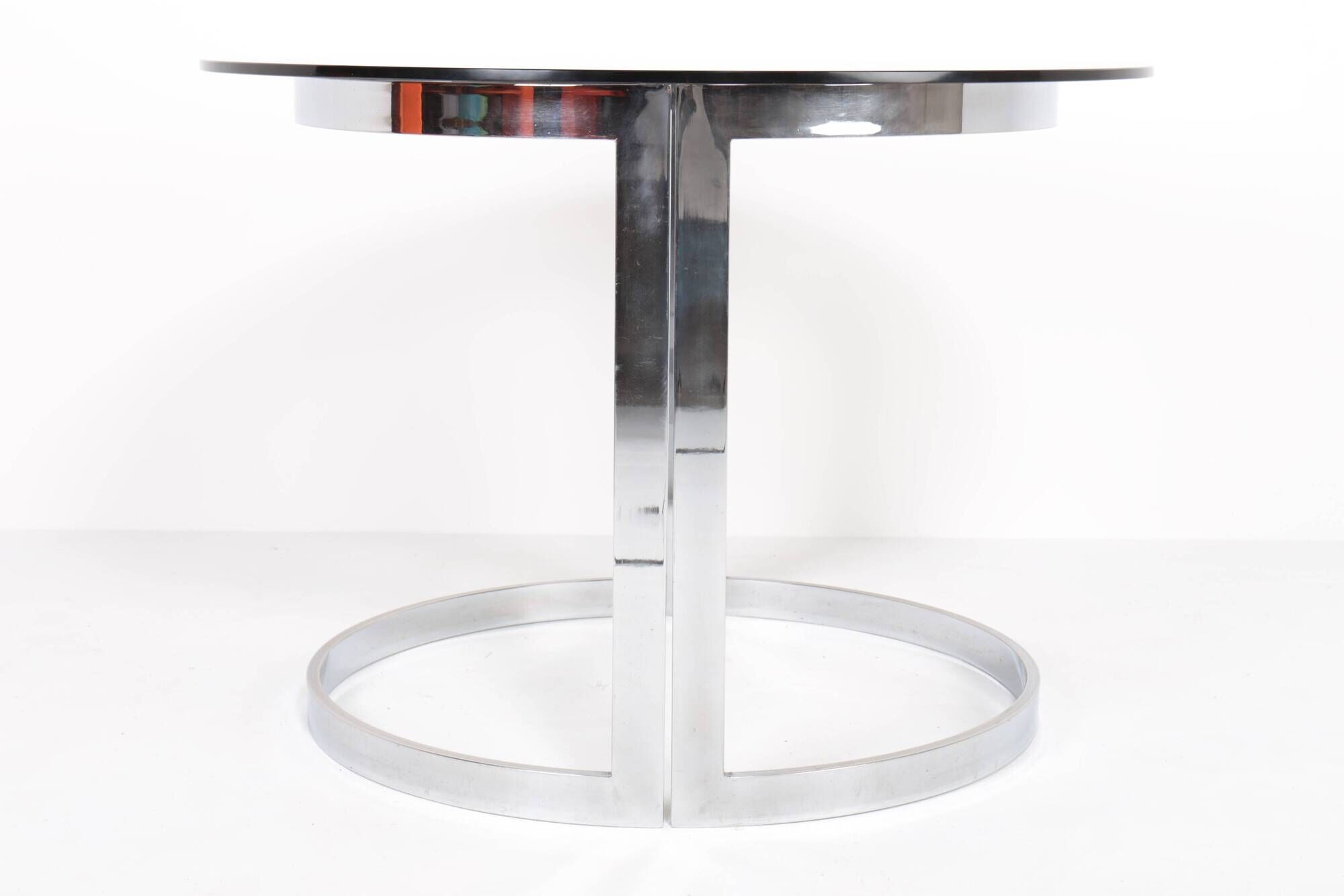 Vintage round table in chrome steel and smoked glass, 1970s