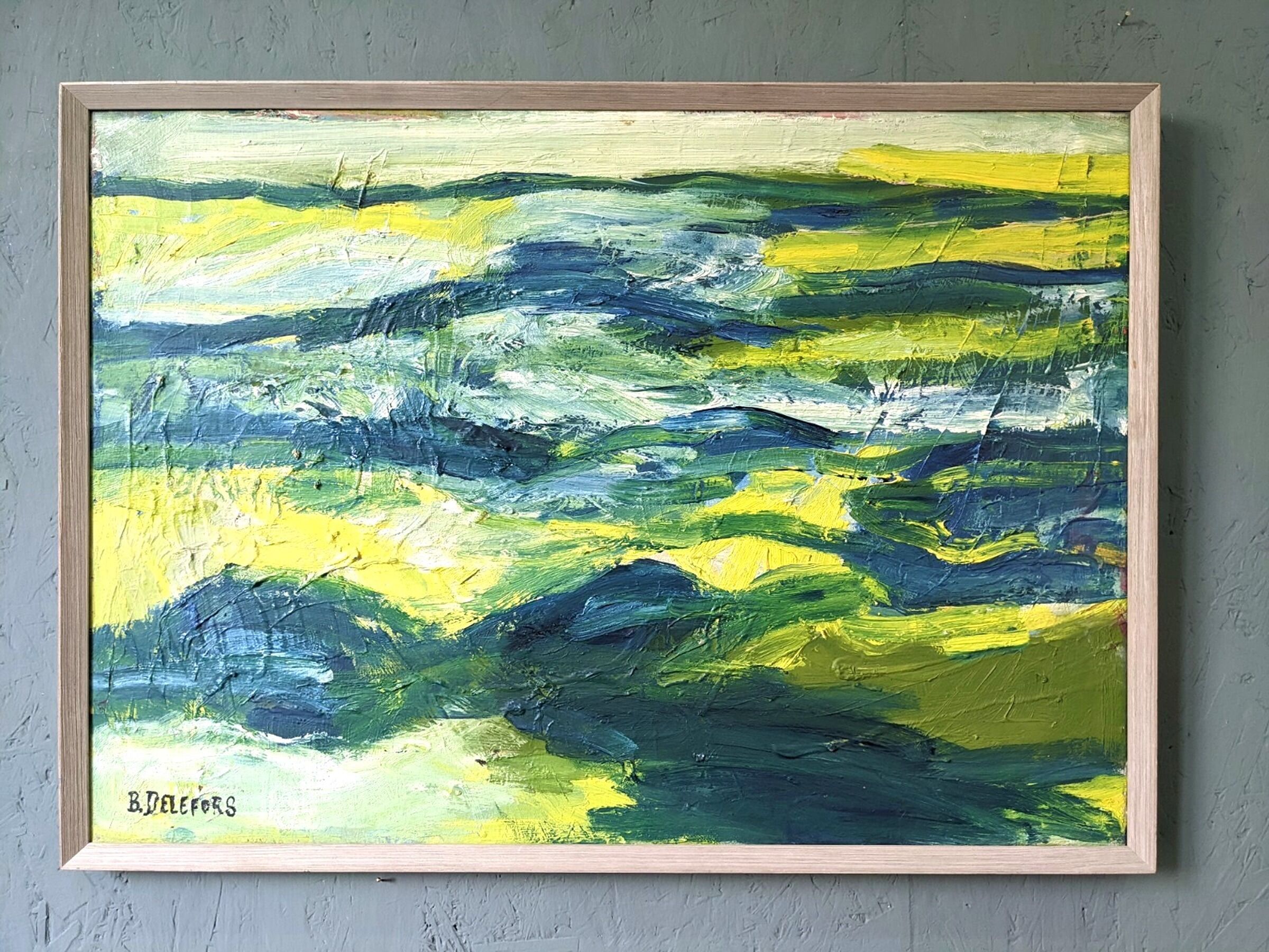 Mid-Century Modern Swedish "Waves" Vintage Abstract Oil Painting, Framed