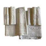 Pair of sets of chateau drape and taie 1 person 19th in embroidered linen thread Richelieu