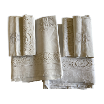 Pair of sets of chateau drape and taie 1 person 19th in embroidered linen thread Richelieu