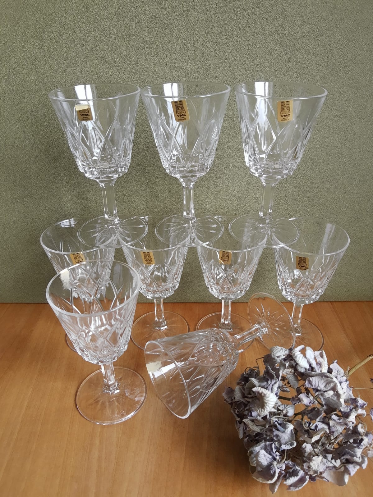 Set of 9 small glasses on foot Vmc Reims France vintage