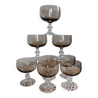 8 smoked glass champagne glasses, vintage Luminarc