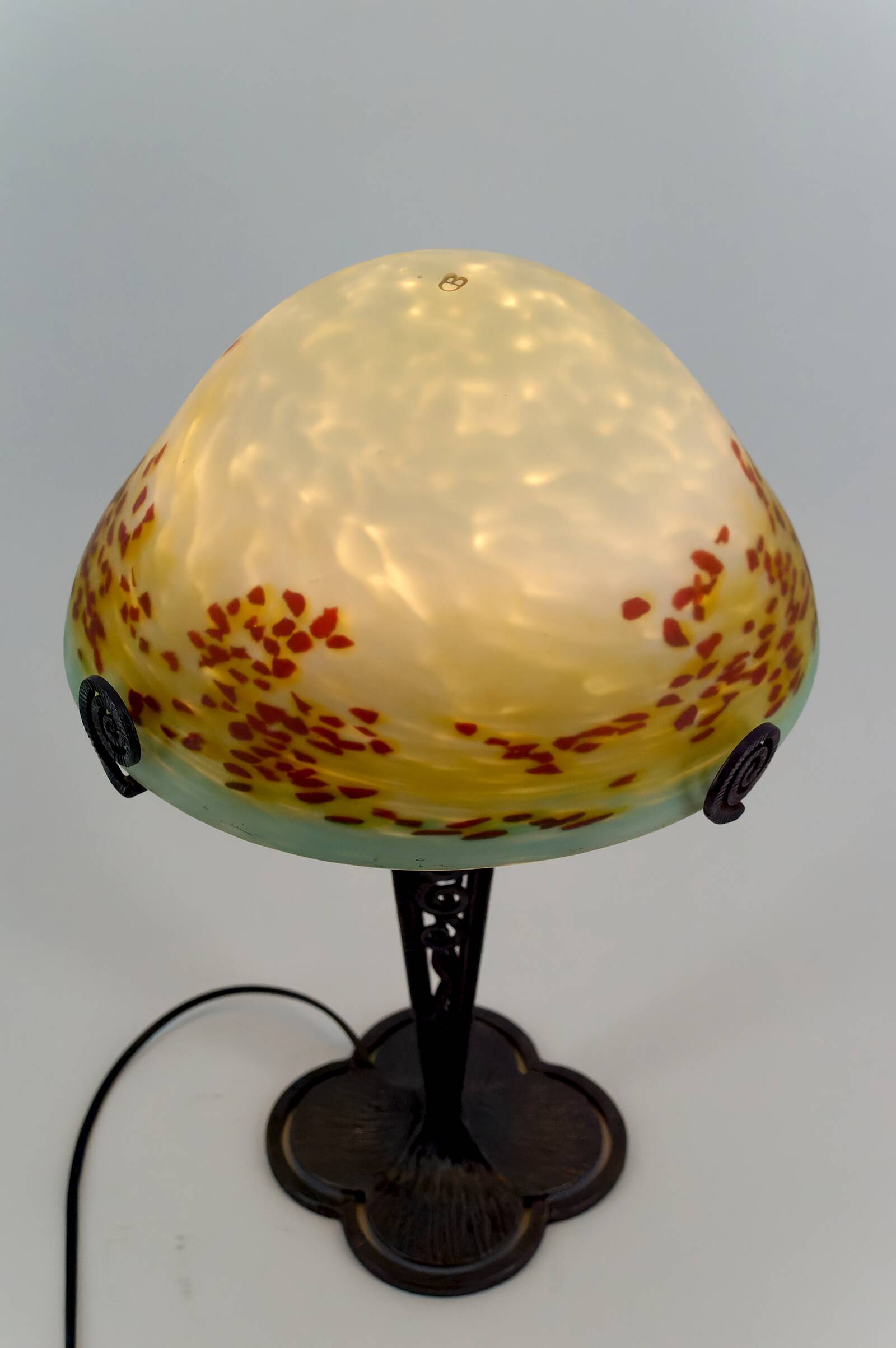 Wrought Iron Mushroom Lamp with Blown Glass Shade, 1920