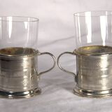 Set of 2 antique metal-rimmed tea glasses with handle, 5x7cm.