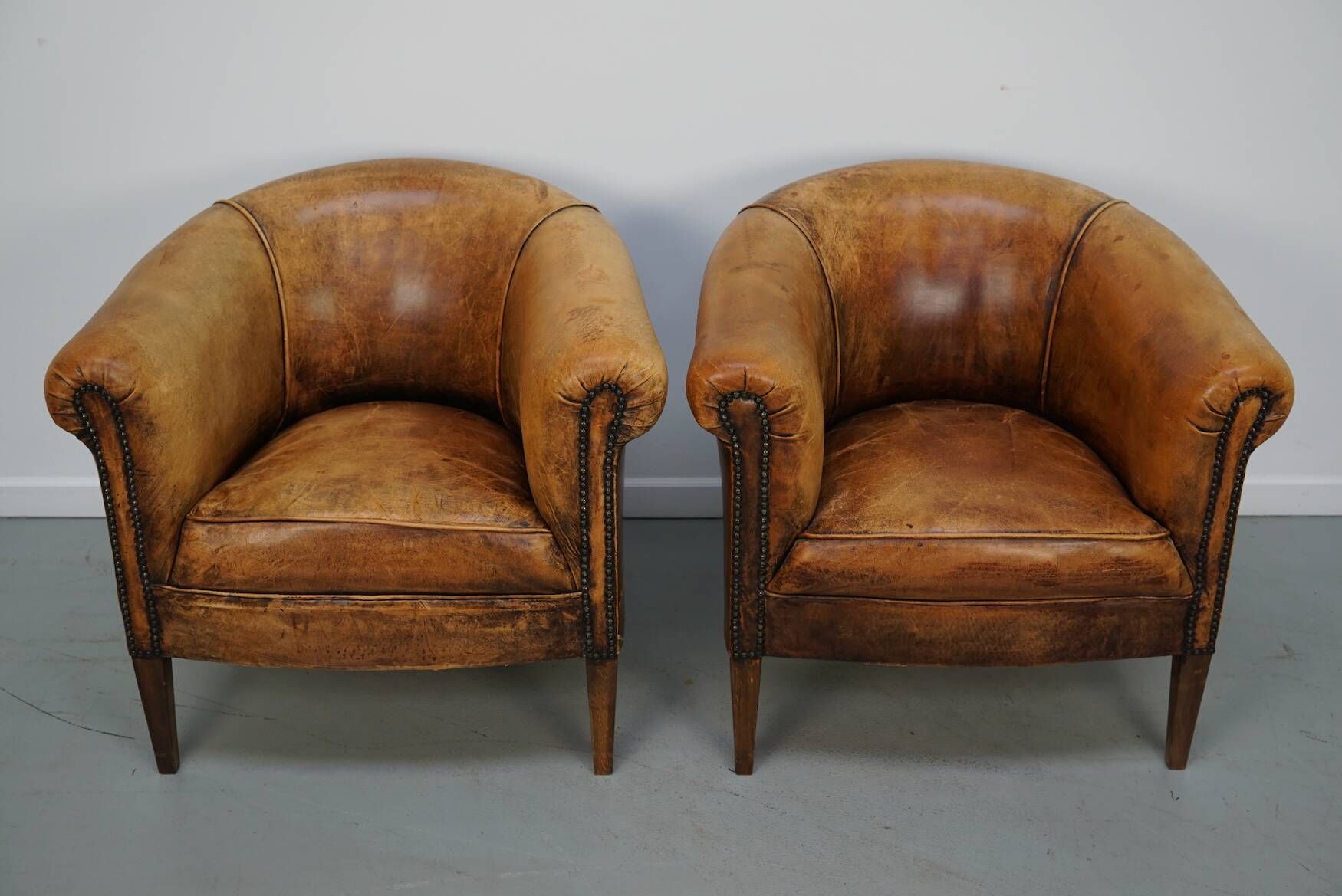 Vintage Dutch Cognac Leather Club Chairs, Set of 2