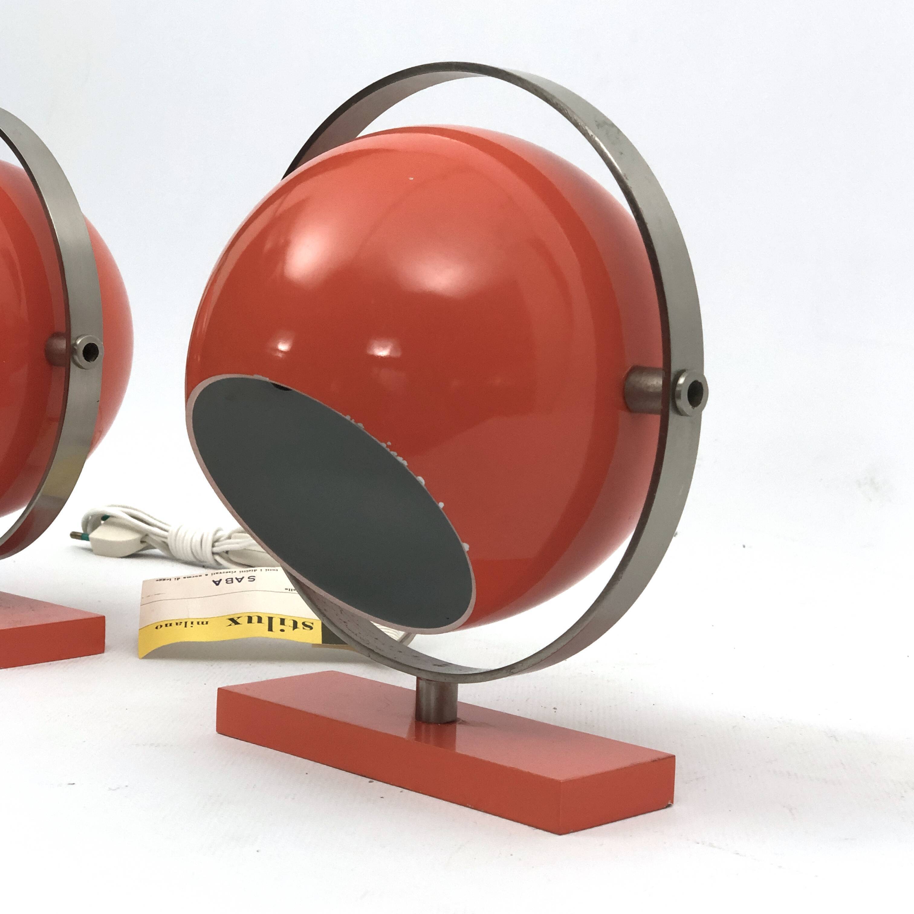 Stilux Milano model Saba, orange globe table lamps from 60s. Set of two