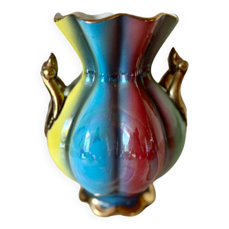 Ceramic vase made in Italy with multi-colored enamel and gold handles
