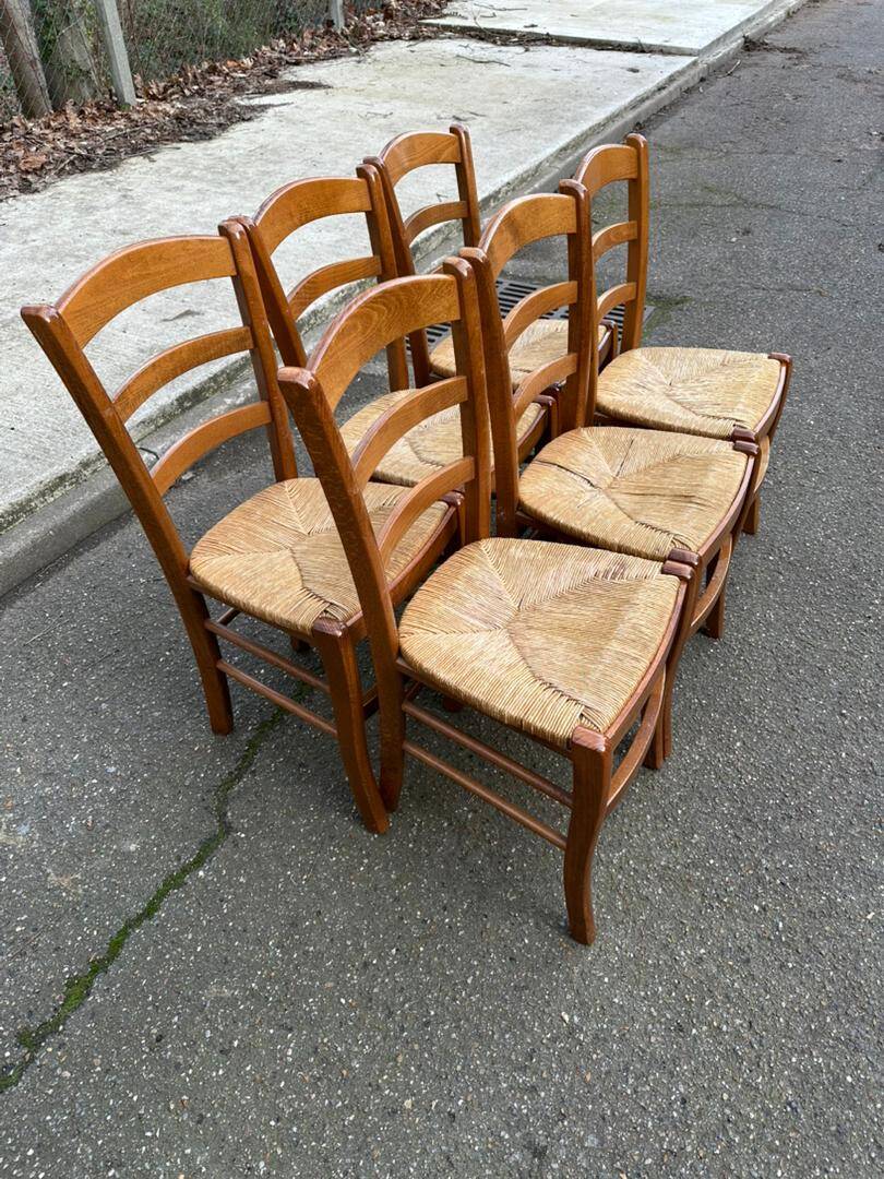 6 solid wood straw-seated Louis Philippe chairs, oak, 20th century.