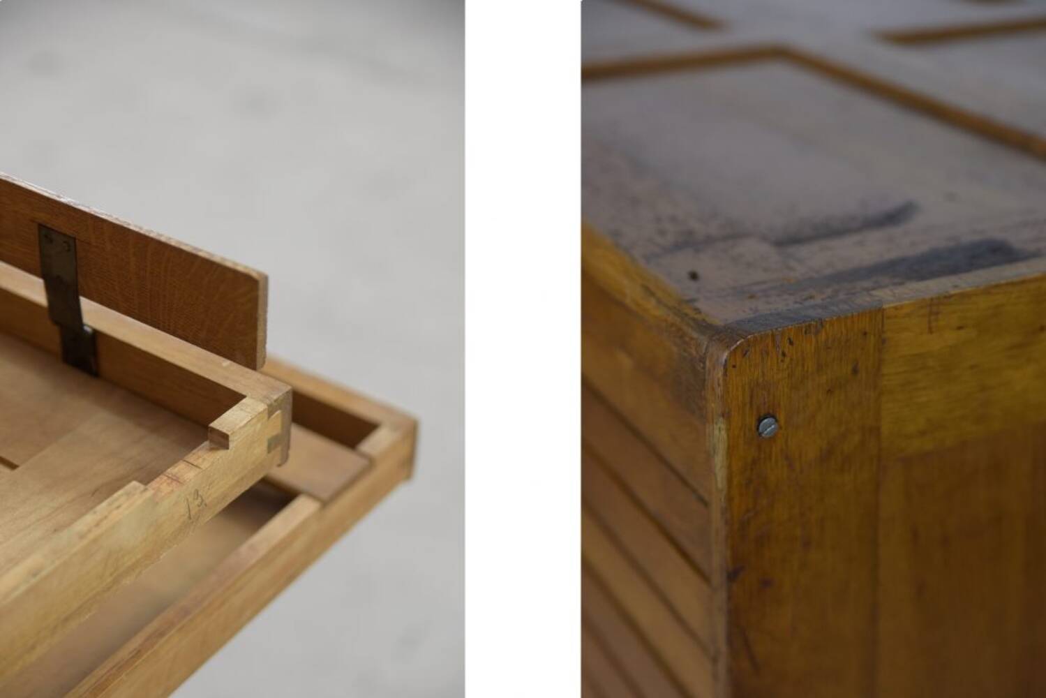 Vintage industrial oak filing cabinet with several drawers, 1930s.