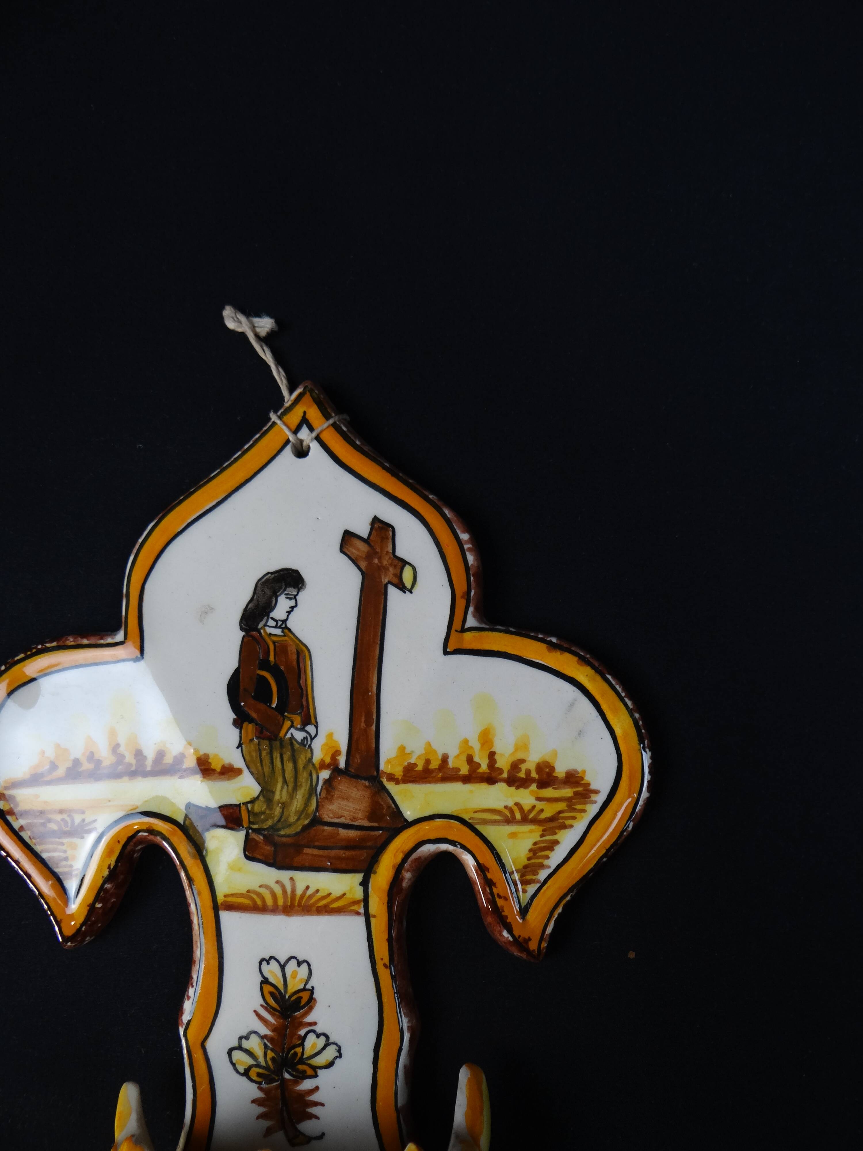 Polychrome earthenware holy water font signed Henriot Quimper from the 60s vintage