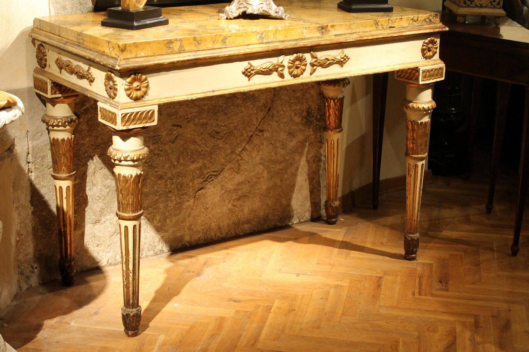 Italian Louis XVI White Lacquer and Giltwood Console with Scagliola Siena Marble Top