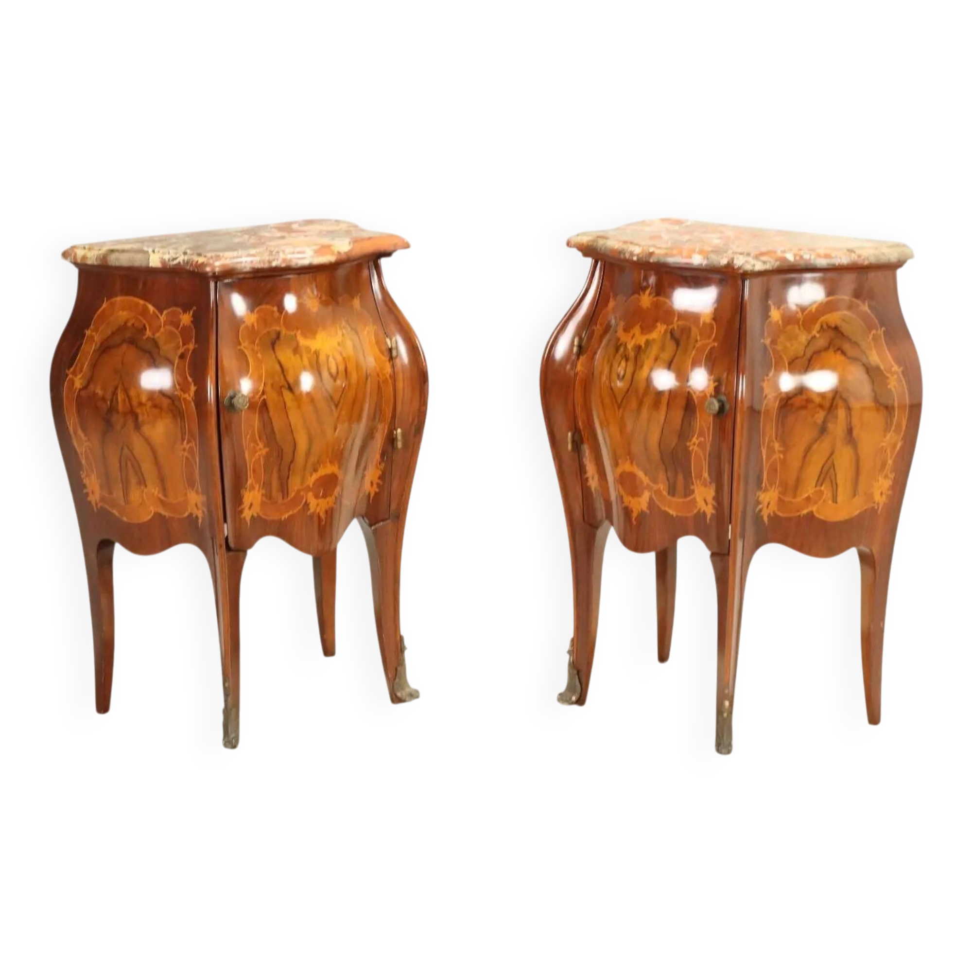 Antique baroque bedside tables in walnut and marble, Italy, 20th century.