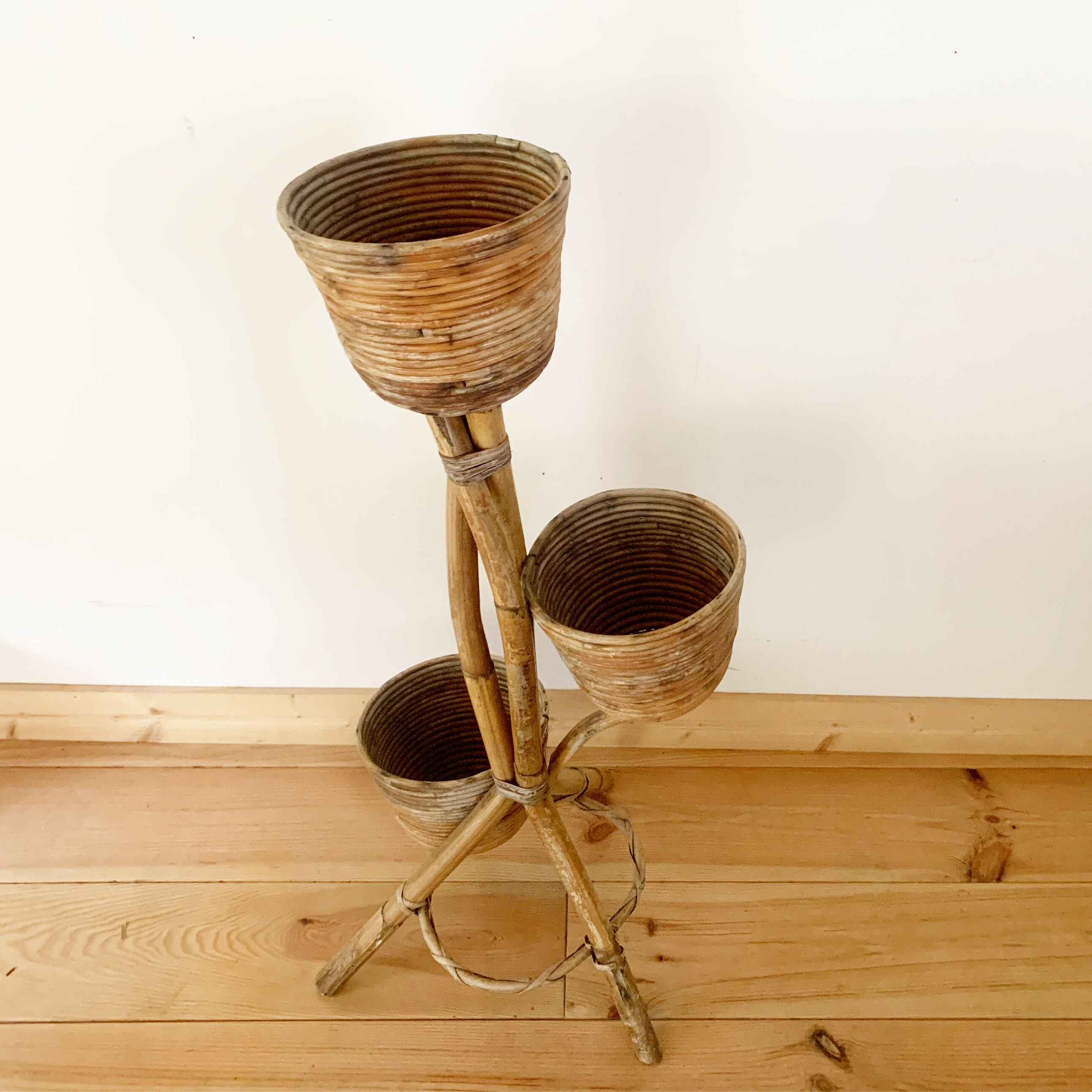 Triple vintage rattan plant holder