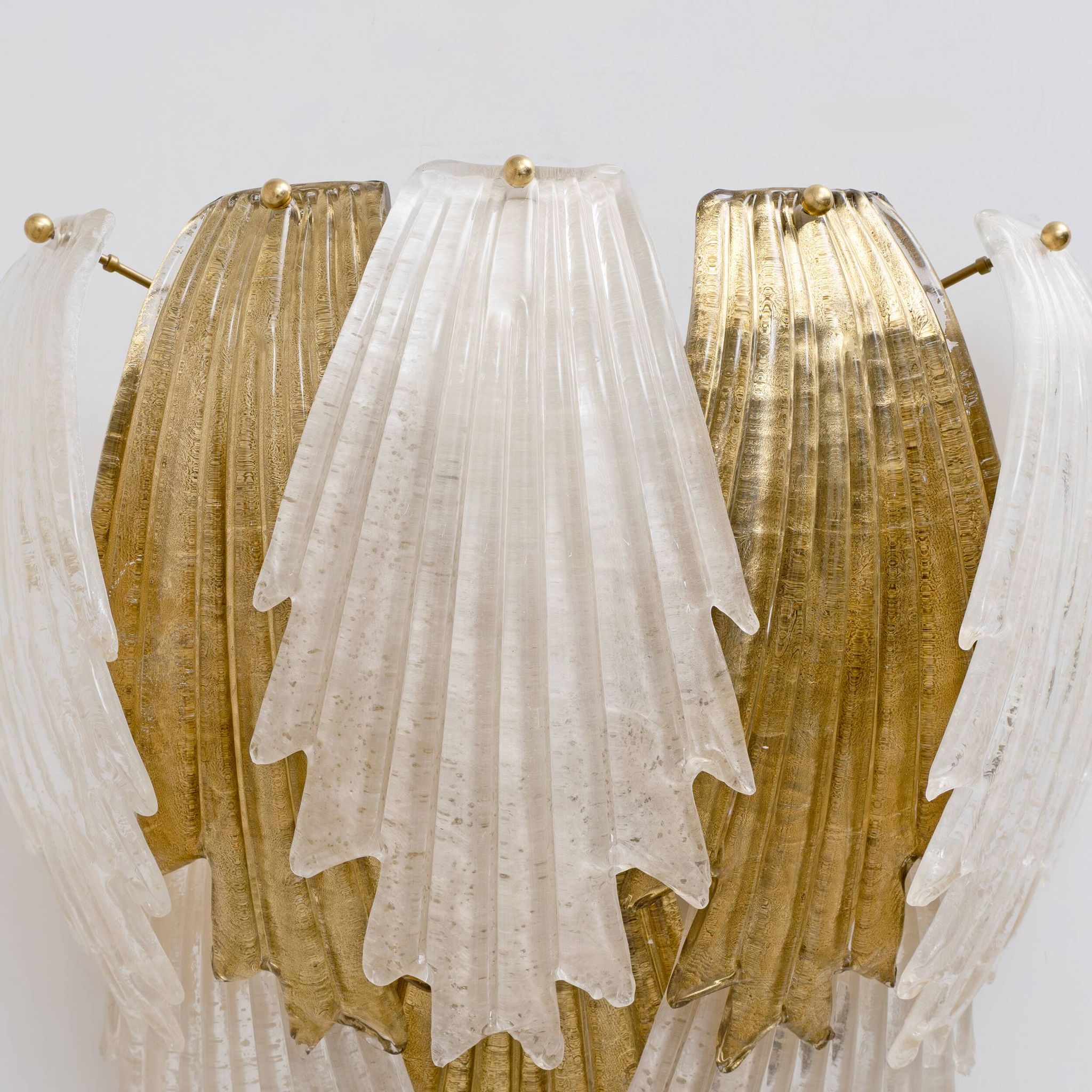 Italian Art Deco Style Murano Glass and Brass Leaf Wall Sconces, Pair