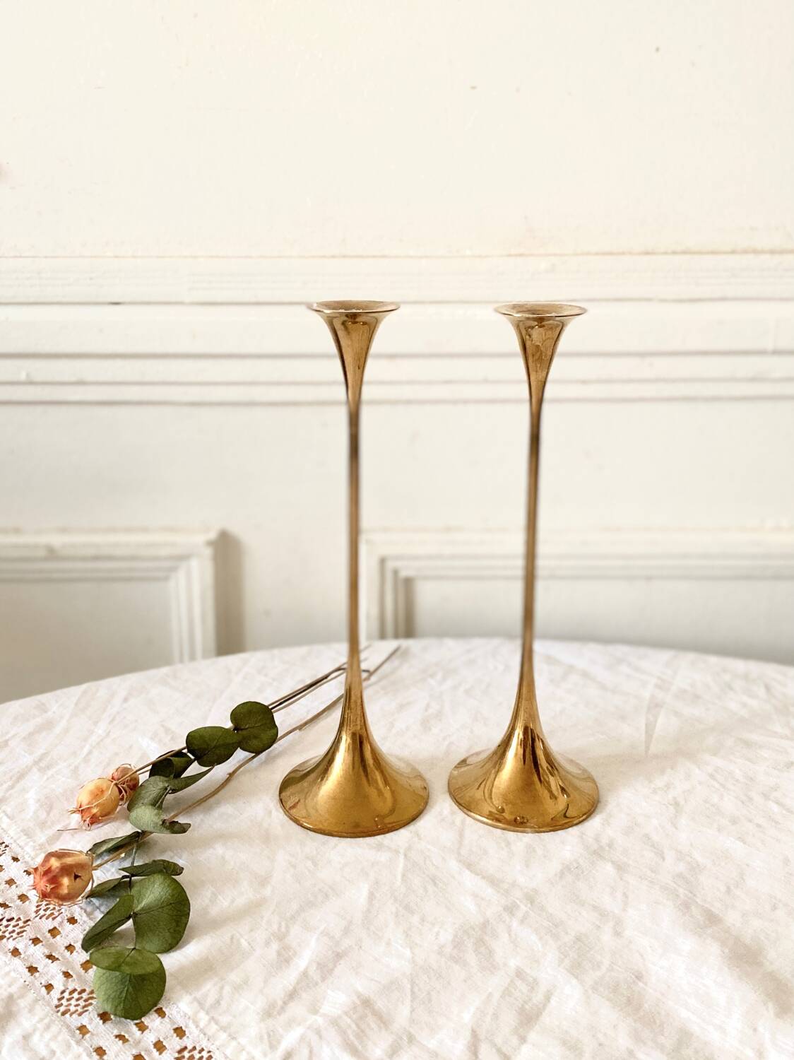 Pair of Scandinavian candlesticks in gilded brass H 23 cm