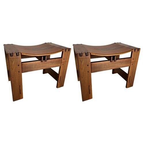 Wooden Stools attributed to Giuseppe Rivadossi for Officina Rivadossi, Italy, 1970s, Set of 2